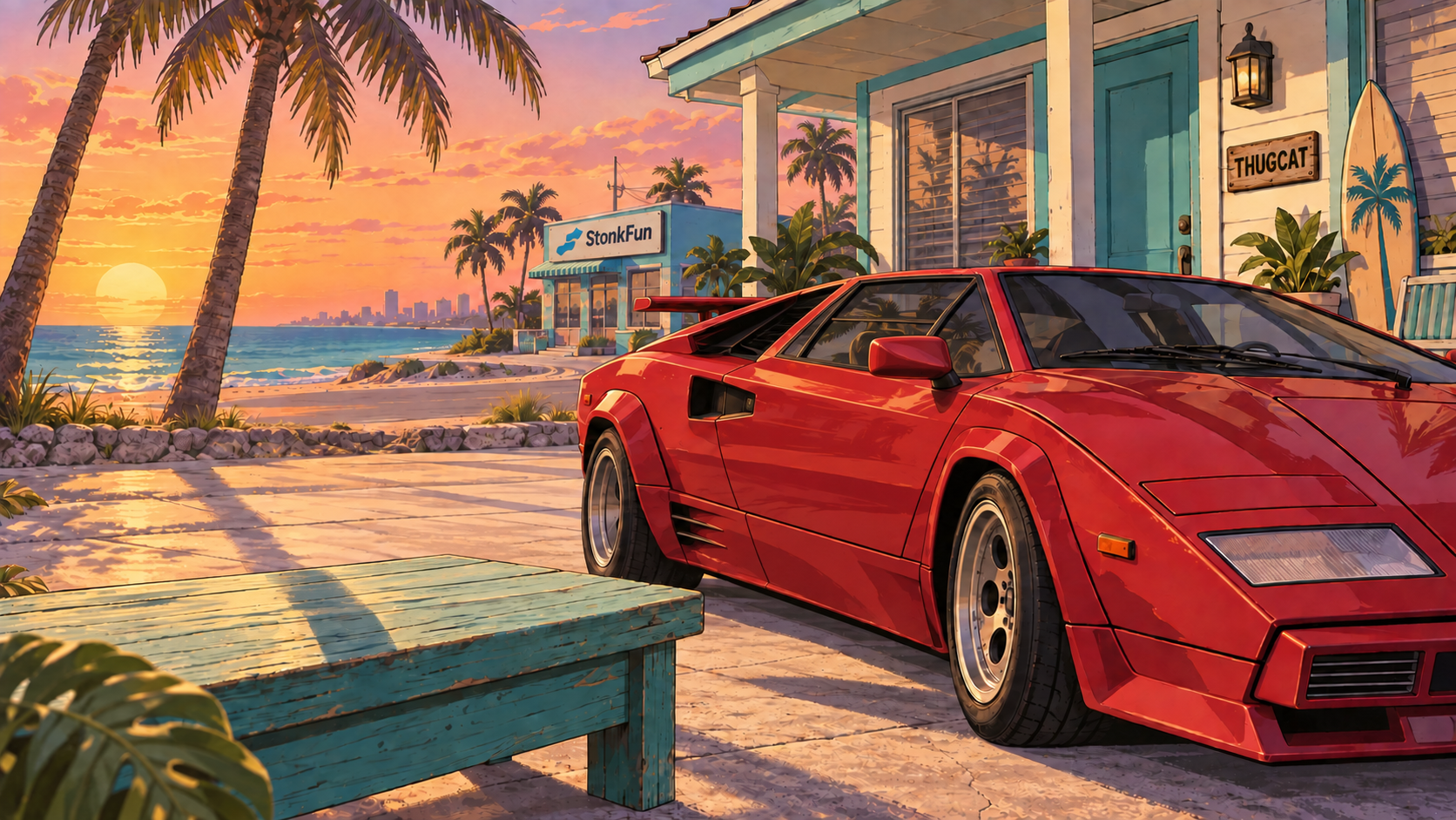 THUGCAT's illustrated beachfront hideout with a red sports car and StonkFun office across the road.