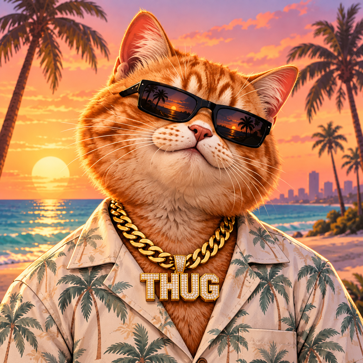 THUGCAT in sunglasses and a gold THUG chain